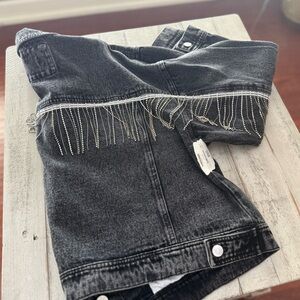 Altar'd State Black Washed Denim Jean Jacket with Silver Fringe
